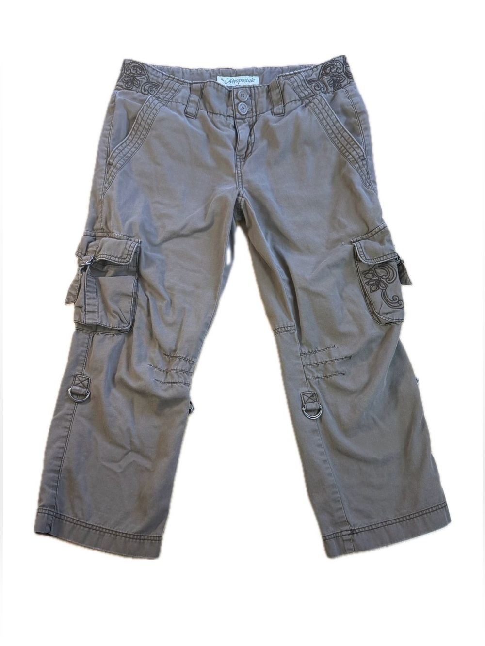 Vintage Women's Y2K Aeropostale Cargo Pants Low Rise Capris Gray Skate Sz 3/4